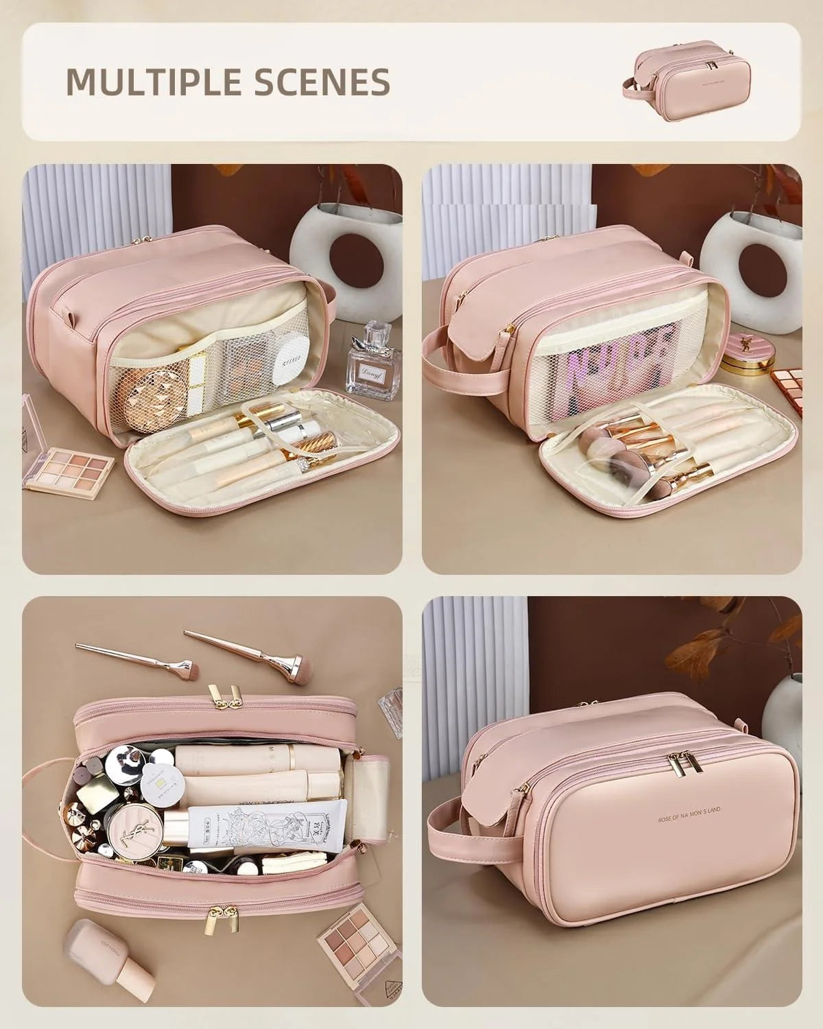 Travel Makeup Bag for Women, Large Capacity Cosmetic Organizer with Wide Opening, Waterproof Portable Toiletry Storage Bag for Easy Access