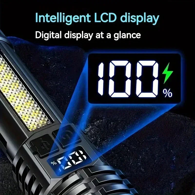 High Power LED Flashlights with Display Screen Zoom Tactical Torch Portable Rechargeable Lamp with Emergency Side Light Lantern