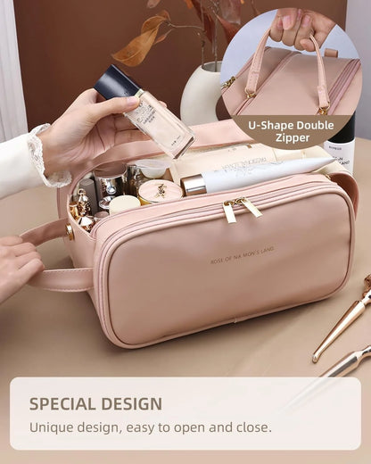 Travel Makeup Bag for Women, Large Capacity Cosmetic Organizer with Wide Opening, Waterproof Portable Toiletry Storage Bag for Easy Access
