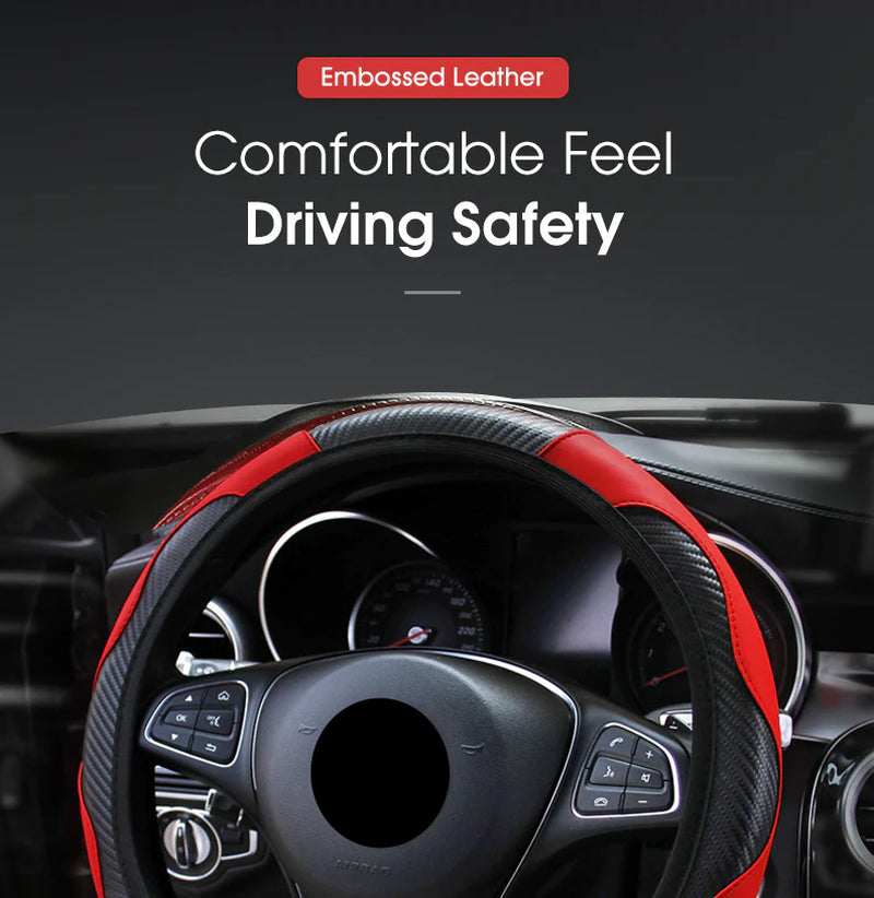 Car Steering Wheel Cover Red Black Leather Anti-Slip for 15"/38Cm Carbon Fiber