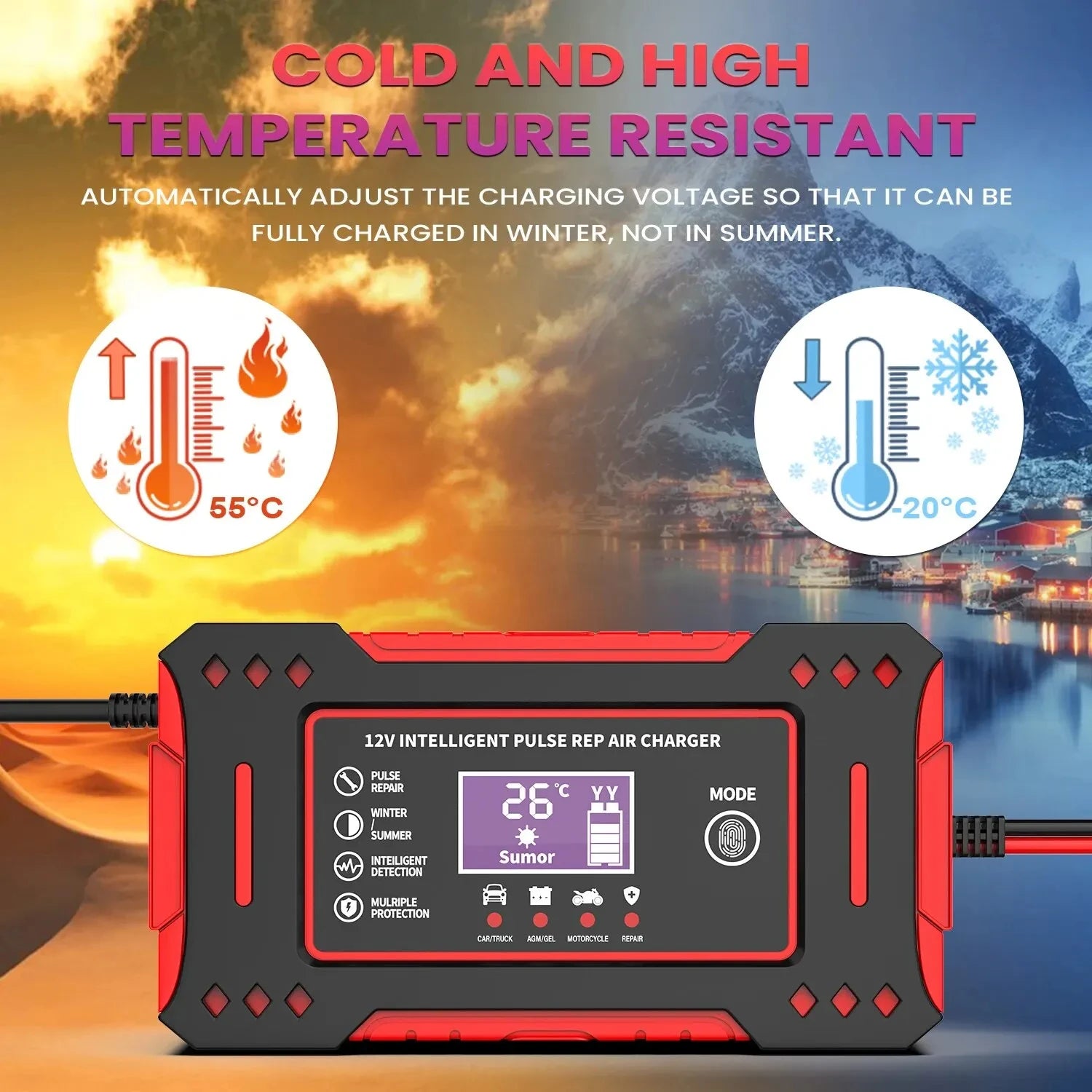 Charger Car and Motorcycle Battery Charging Unit Lead-Acid Battery Repair LCD Display 6A 12V Intelligent Car Battery