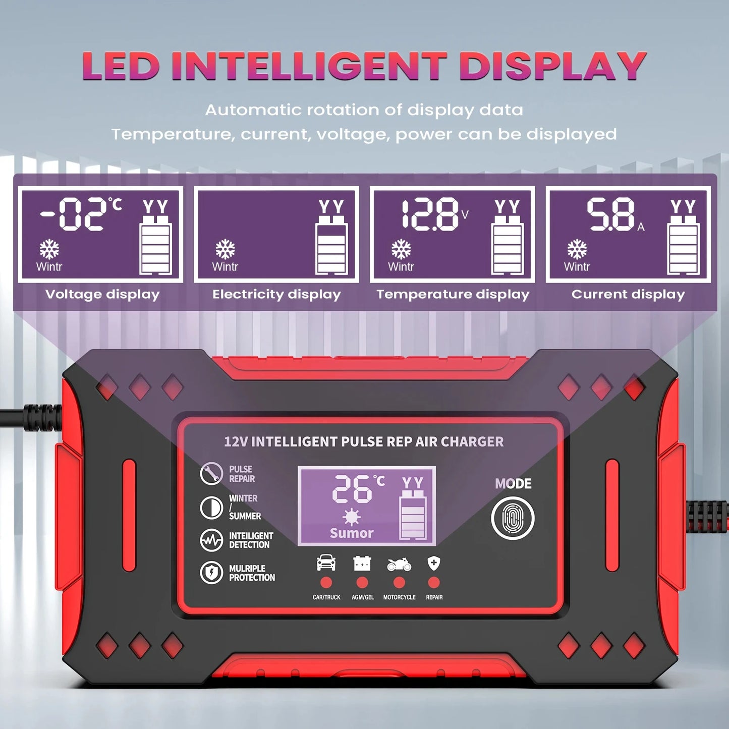 Charger Car and Motorcycle Battery Charging Unit Lead-Acid Battery Repair LCD Display 6A 12V Intelligent Car Battery