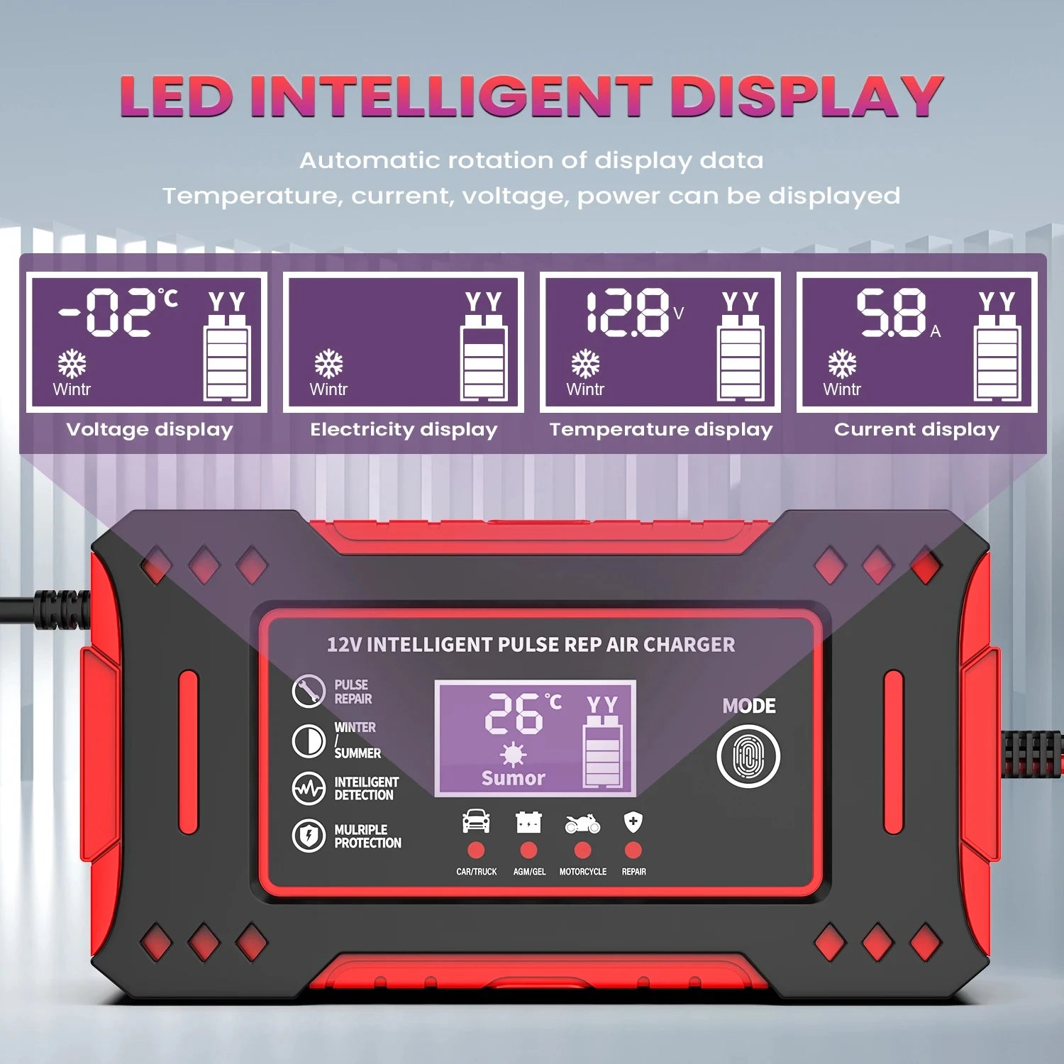 Charger Car and Motorcycle Battery Charging Unit Lead-Acid Battery Repair LCD Display 6A 12V Intelligent Car Battery