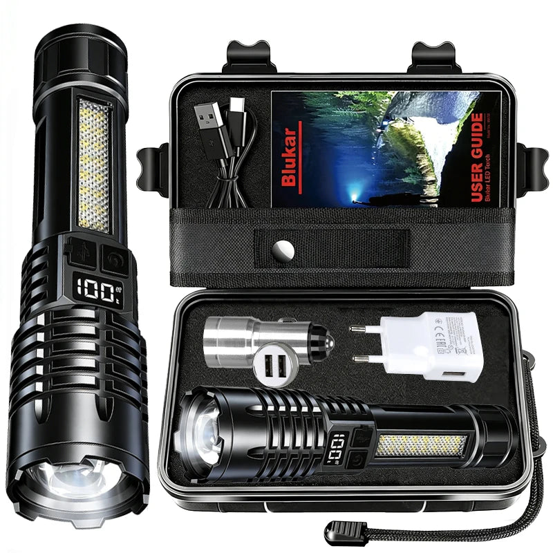 High Power LED Flashlights with Display Screen Zoom Tactical Torch Portable Rechargeable Lamp with Emergency Side Light Lantern
