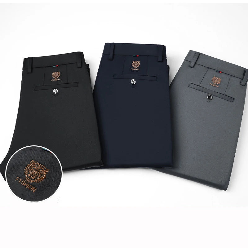 Men'S New Loose Straight Leg Elastic Formal Pants, Business Tiger Head Western Style, All Seasons, Casual & Formal Wear