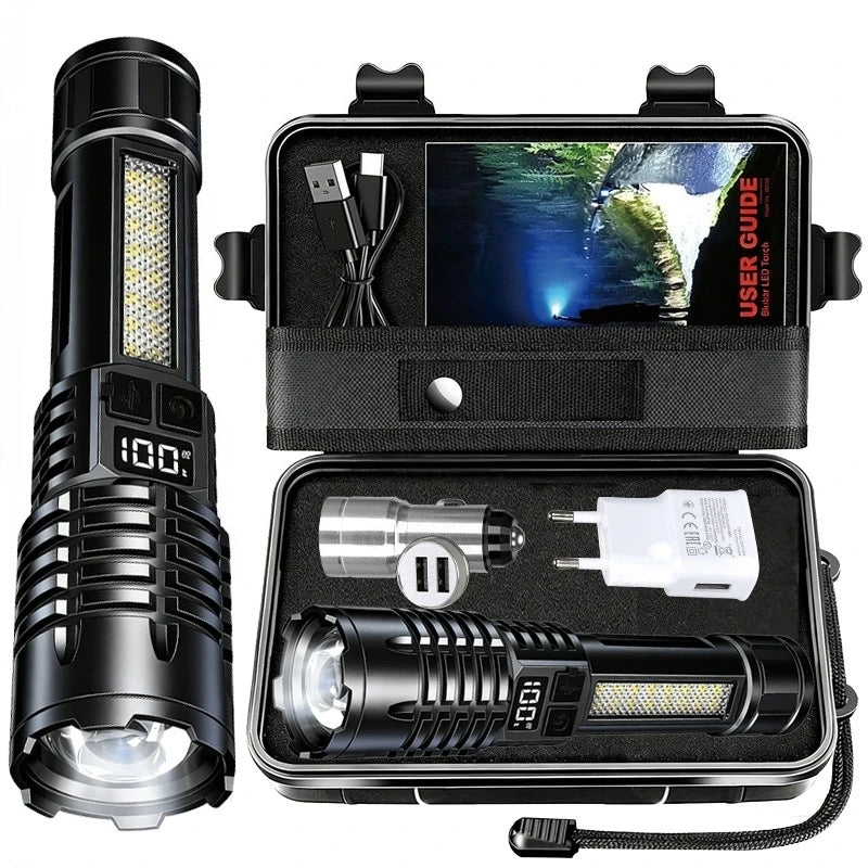 High Power LED Flashlights with Display Screen Zoom Tactical Torch Portable Rechargeable Lamp with Emergency Side Light Lantern