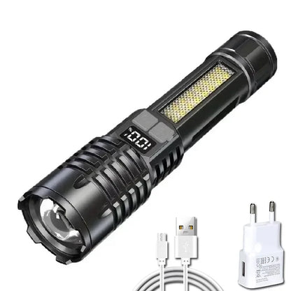 High Power LED Flashlights with Display Screen Zoom Tactical Torch Portable Rechargeable Lamp with Emergency Side Light Lantern